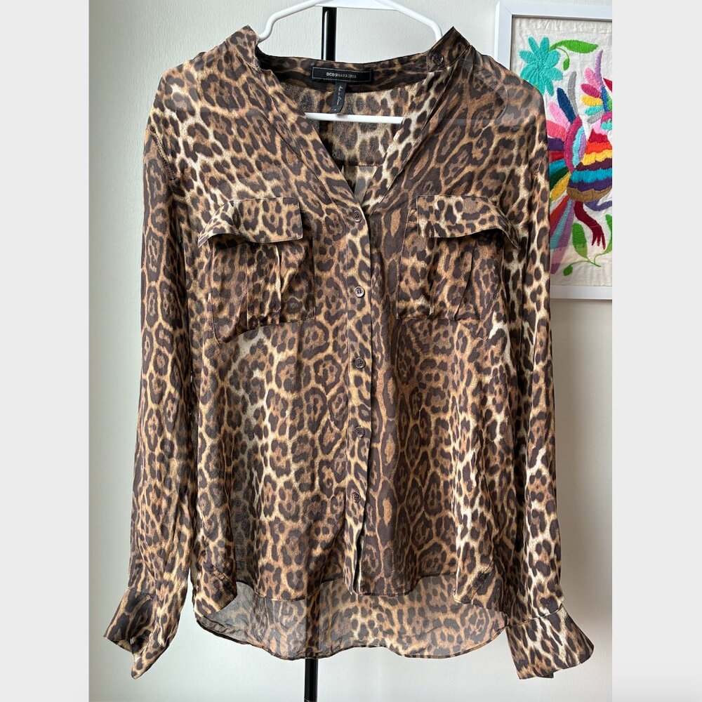 BCBGMaxAzria Sheer Leopard Print Long Sleeve Button Down - Size M